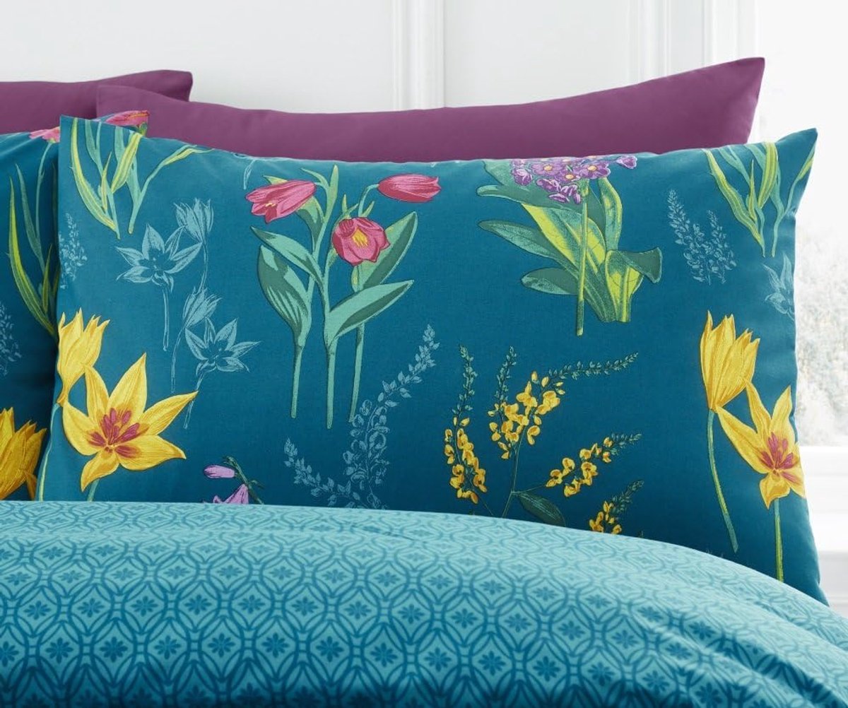 SnelShoppen - Duvet Cover Set Double - Reversible Dekbedovertrek Set - Kleurige Bloemen en Geometrisch - 52% Polyester 48% Katoen - Blauw Groen - Mach