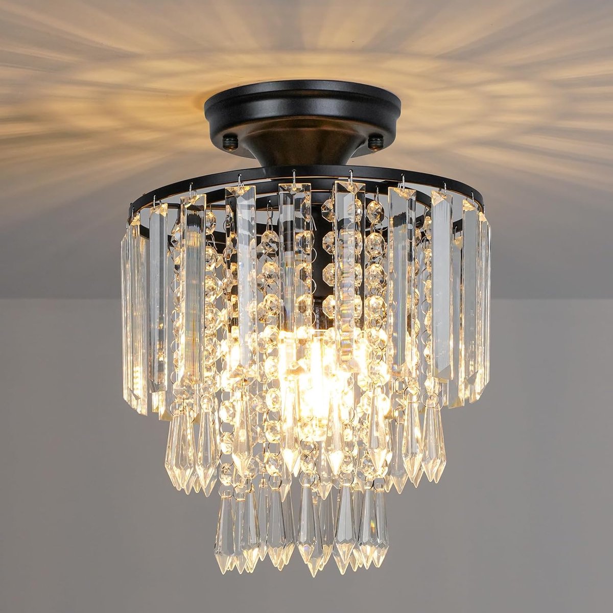SnelShoppen - Kleine Moderne Kristallen Kroonluchter, Zwarte Plafondlamp, E27 Fitting, Ø23 cm, Voor Woonkamer, Slaapkamer, Keuken, Hal