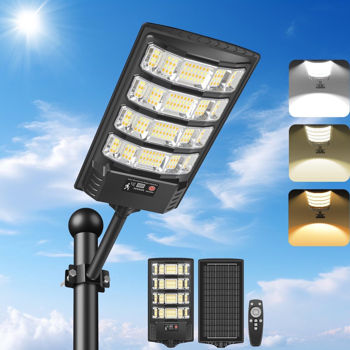 SnelShoppen - LED Solar Lantern Outdoor 6000K Wit 3000K Warm Tuinverlichting met Bewegingssensor en Afstandsbediening - Waterdichte Buitenlamp voor Tu