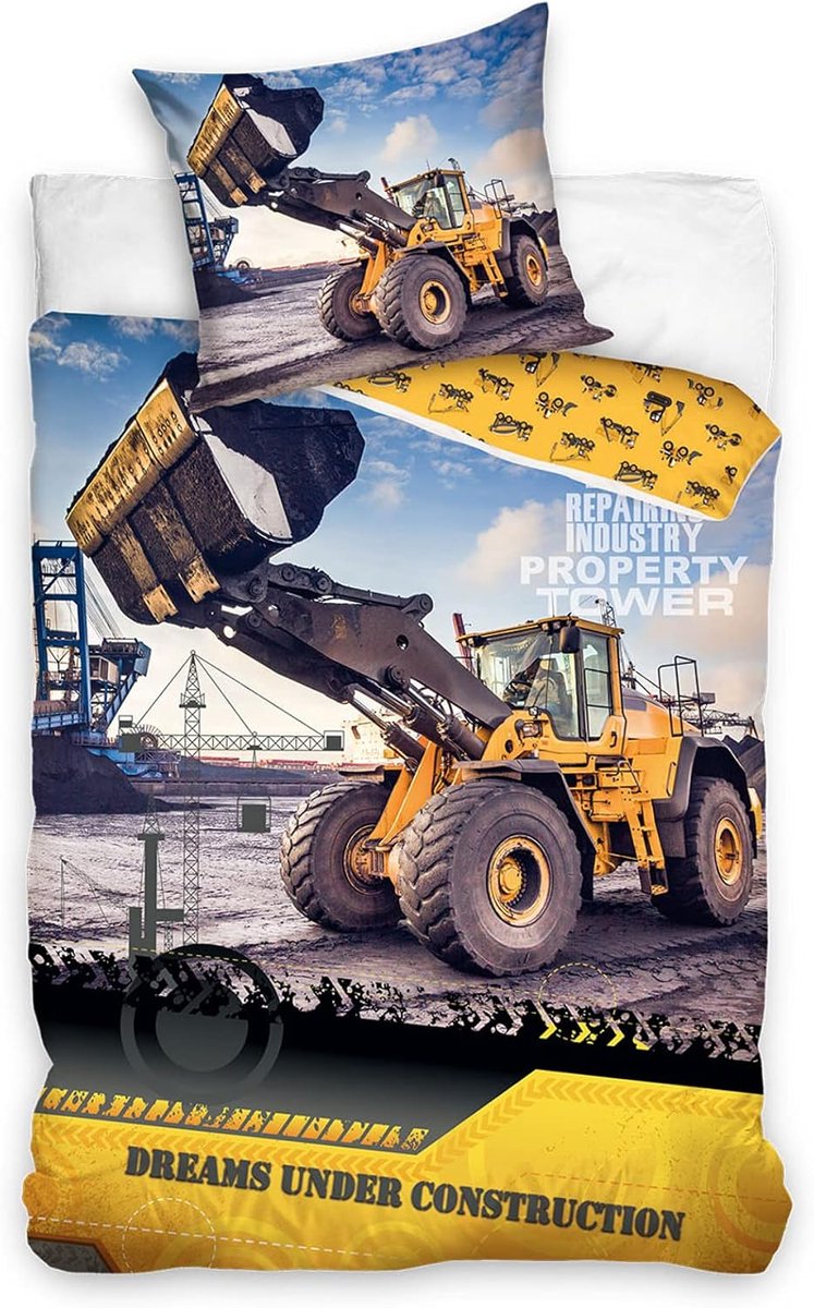 SnelShoppen - Bagger Bedding Duvet Cover 135x200 cm + 80x80 cm Kinderbeddegoed voor Jongens en Meisjes - Katoen - Bouwvoertuigen - 2-delig - Cuddle &
