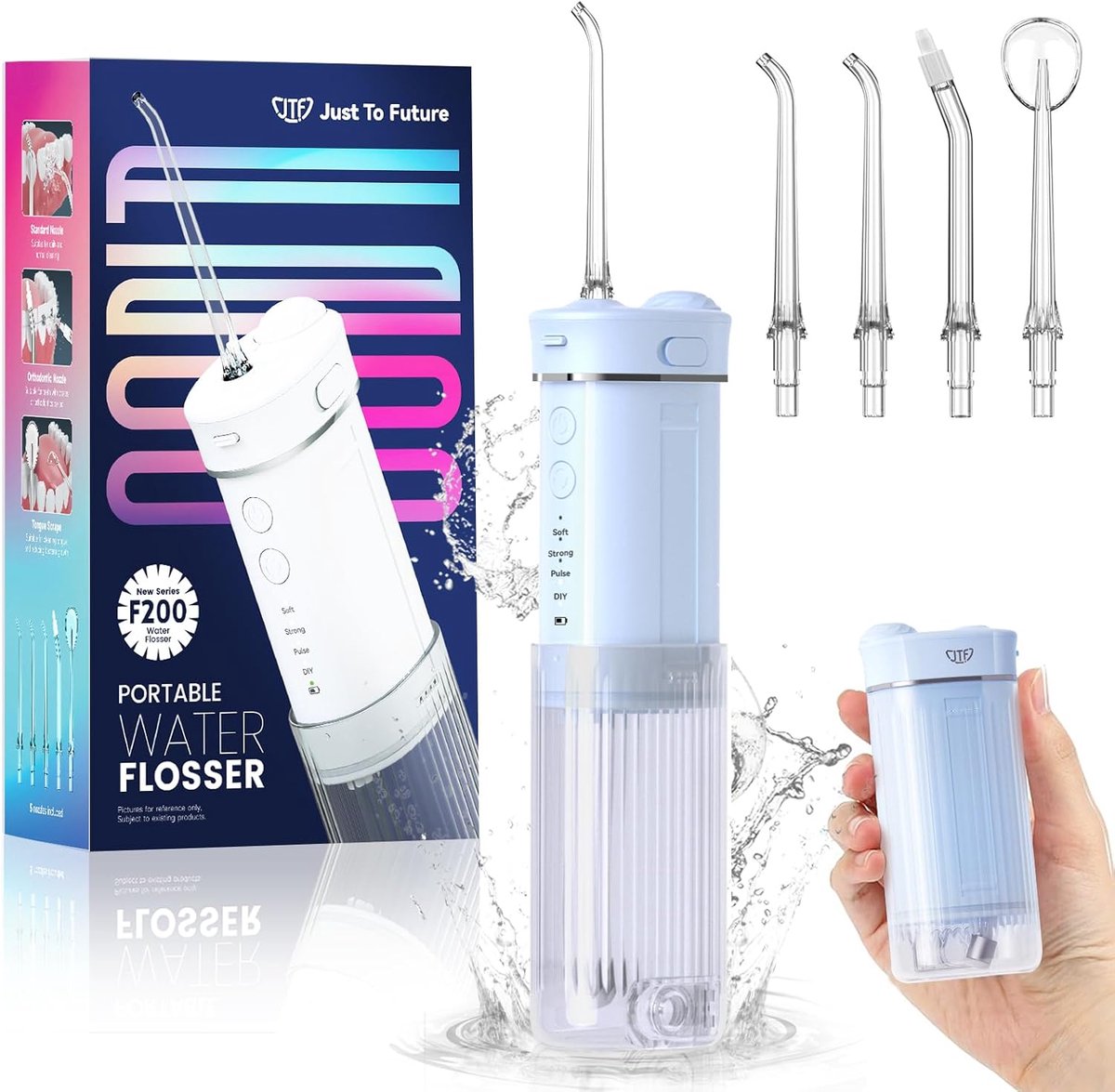 SnelShoppen - Mini Oral Irrigator, Draadloze Water Flosser, 4 Modes, 5 Extra Mondstukken, 230 ml Waterreservoir, IPX7 Waterproof, Reisklaar, Blauw