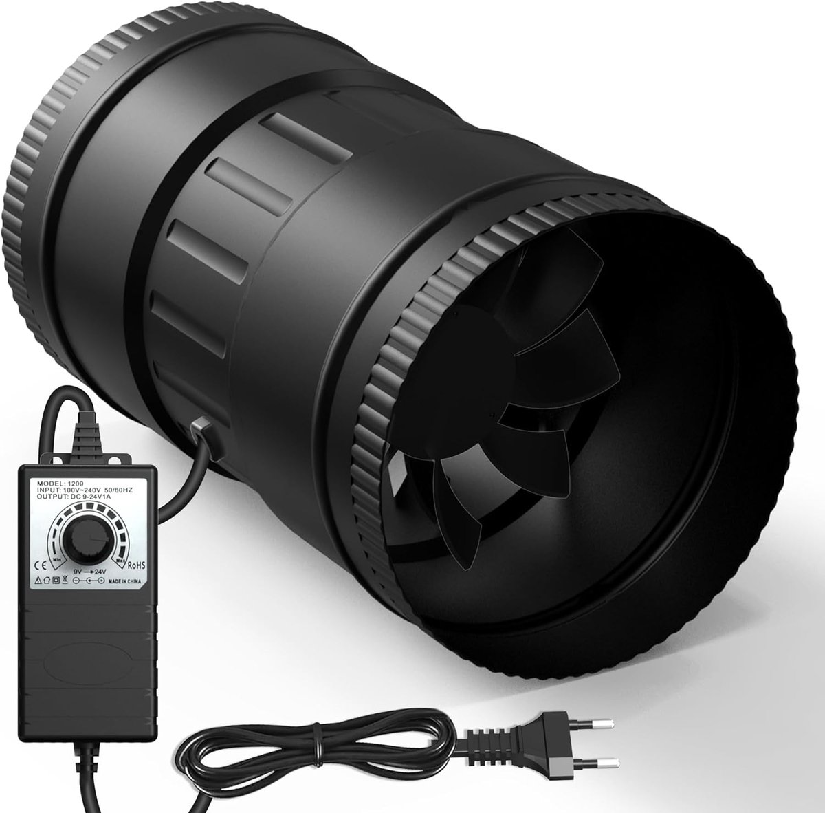 SnelShoppen - Verstelbare buisventilator 100 mm, 221 m³/h, afzuiger voor serre, kweektent, kelder, garage, keuken, badkamer, energiezuinig