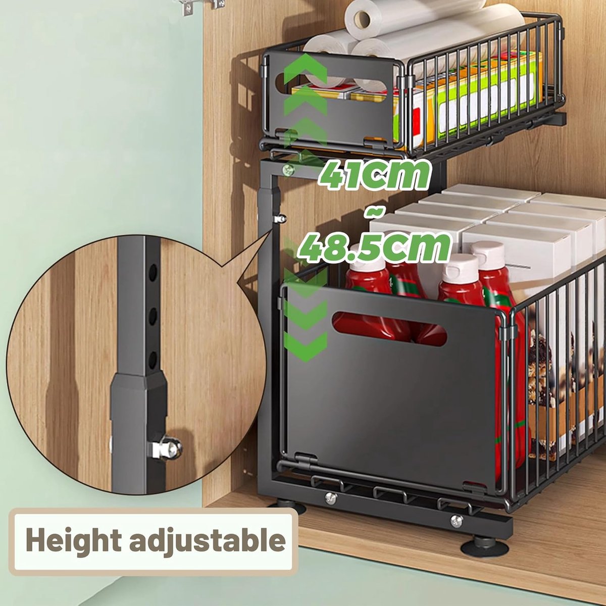 OUYLAF Gootsteenkast organizer, Opberglade Voor Onder De Gootsteen Met 2 Niveaus, Uittrekbare Lade-Organizer, Metalen Schuifbare Opbergmand Voor Keuken, keukenkast organizer zwart — cadeau in Cadeau-ideeën - foto 5