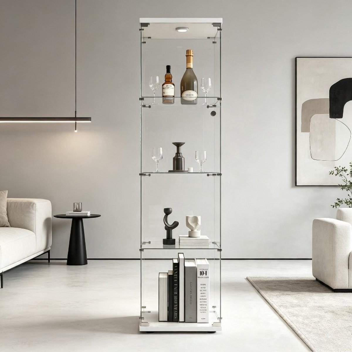 Vitrinekast 164 cm met led verlichting, glazen kast met 1 deur en 4 planken, displaykast en opbergkast voor woonkamer, wit kast