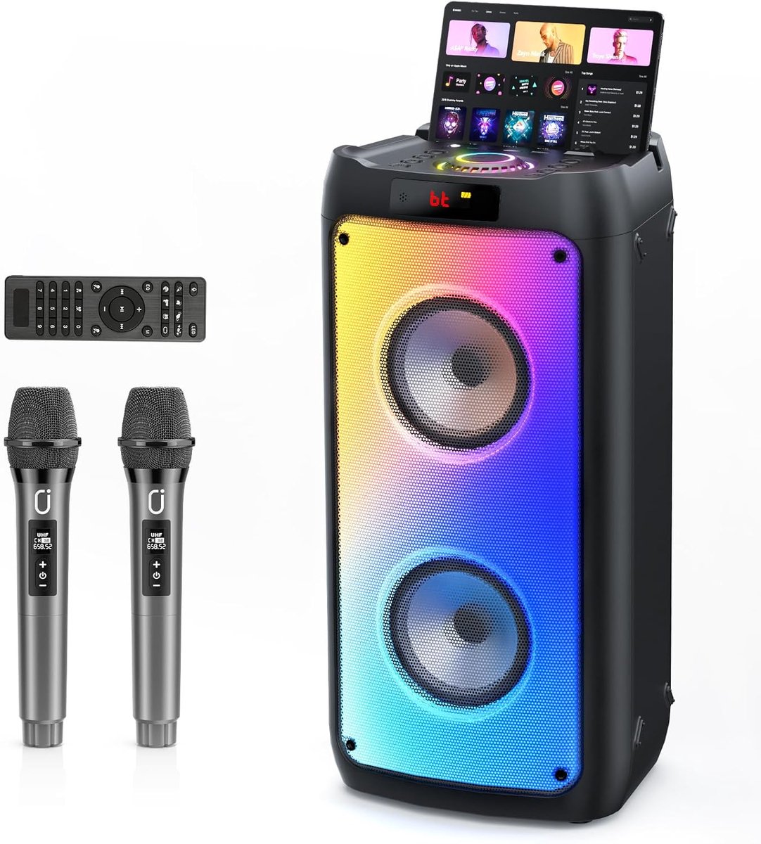 SnelShoppen - Karaoke Set met 2 Microfoons, 250W Bluetooth Speaker, IPX4 Waterdicht, Draagbaar met RGB Verlichting, Geschikt voor Feest, Camping en Th
