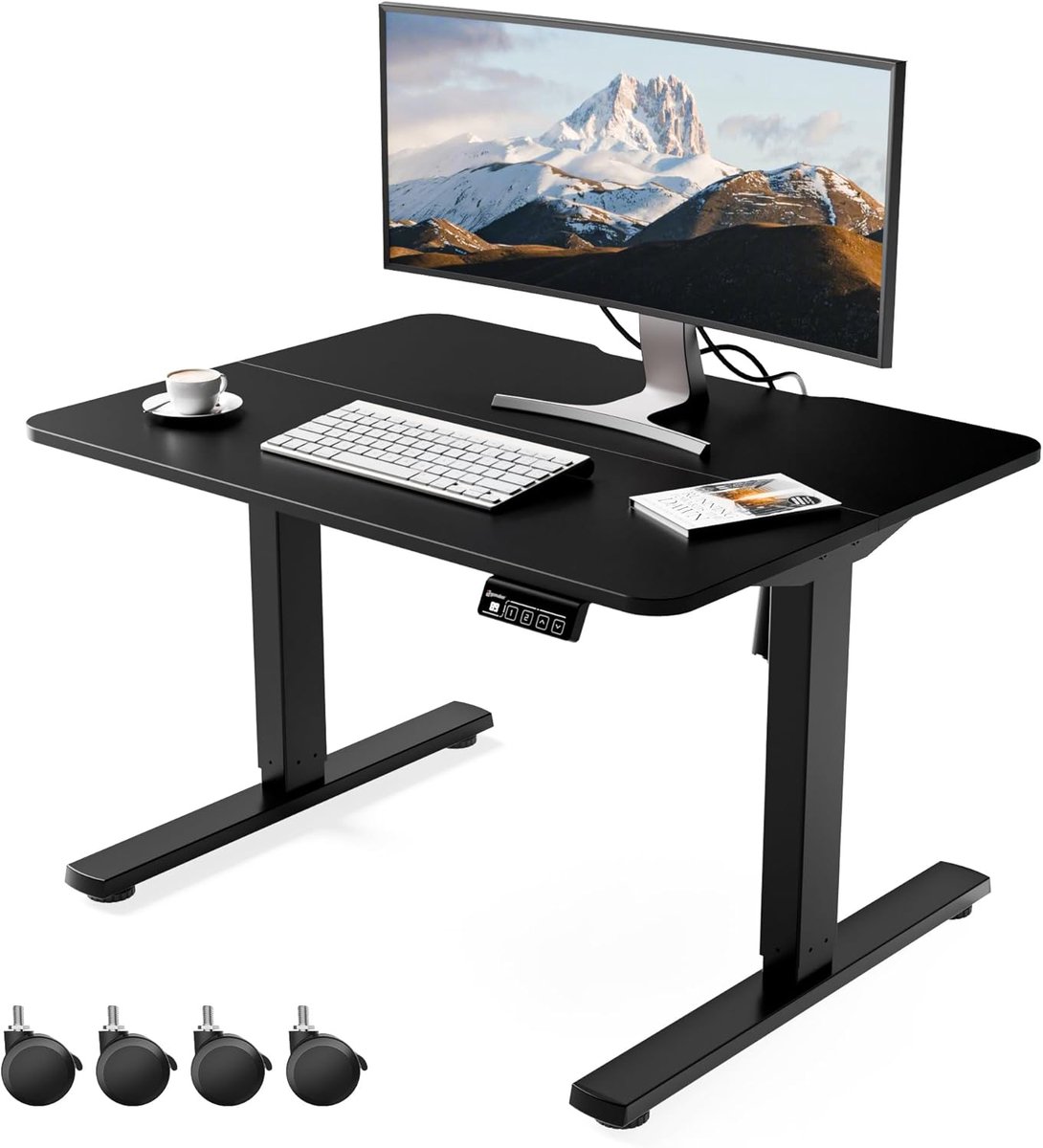 SnelShoppen - Ergonomische Elektrische Zit-Sta Bureau 80x60cm, Hoogte Instelbaar van 48-75cm, Bureau met Wielen en Haken, Zwart, Perfect voor Thuiswer
