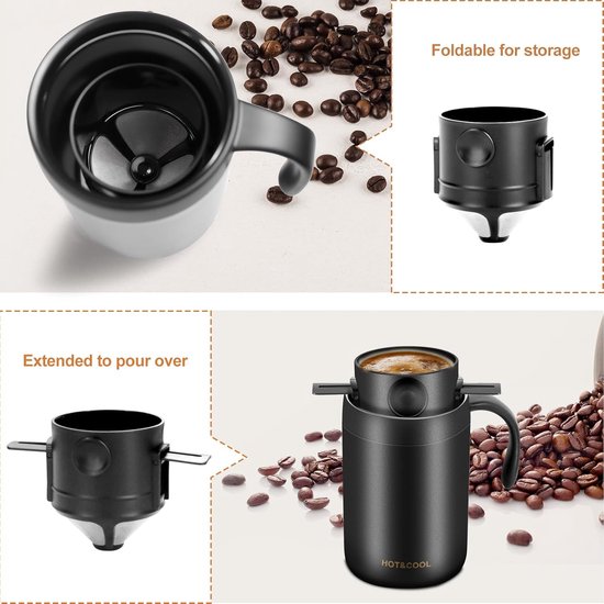 Ulisem - Reiskoffieset - 16 oz draagbare pour-over koffieset met roestvrijstalen beker - Dubbele wand vacuümisolatie - Opvouwbare roestvrijstalen filter zonder papier - Geschikt voor koud en warm - Perfect voor camping, reis en kantoor - Zwart — afbeelding 2