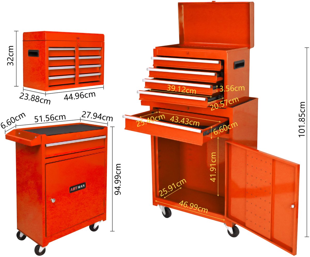 MODENUIT Gereedschapskar - Verrijdbare Opbergkast Voor Werkplaats - Metaal Oranje - 46,99x25,91x101,85 cm