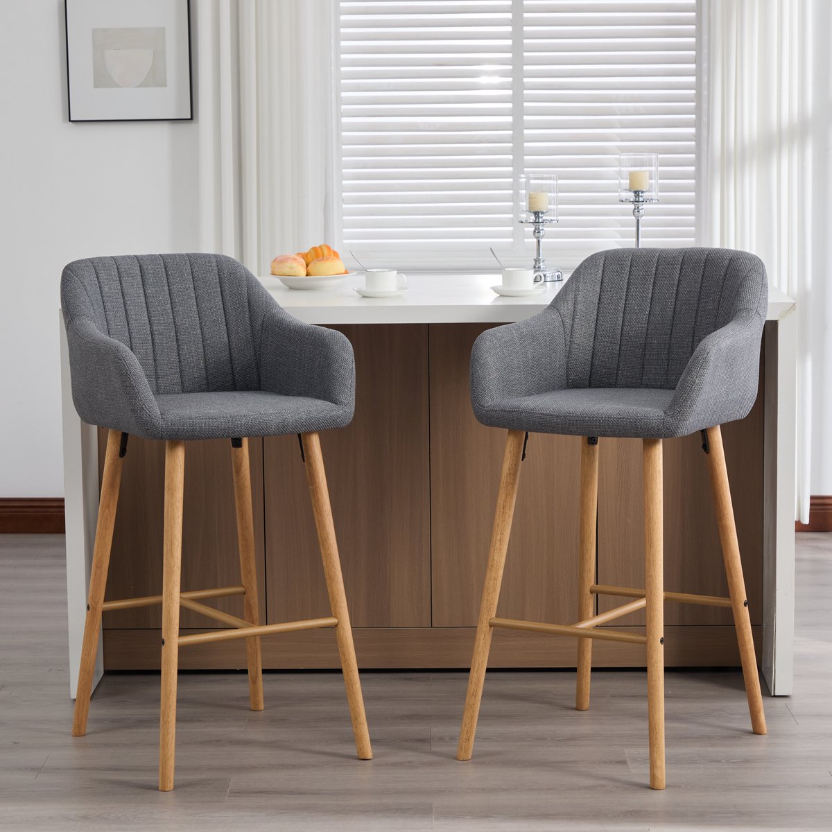 MODENUIT Barkruk 58,5 x 55 x 104 cm - Set Van 2 Met Hoge Rugleuning En Armleuningen - Voor Keuken - Stof Grijs