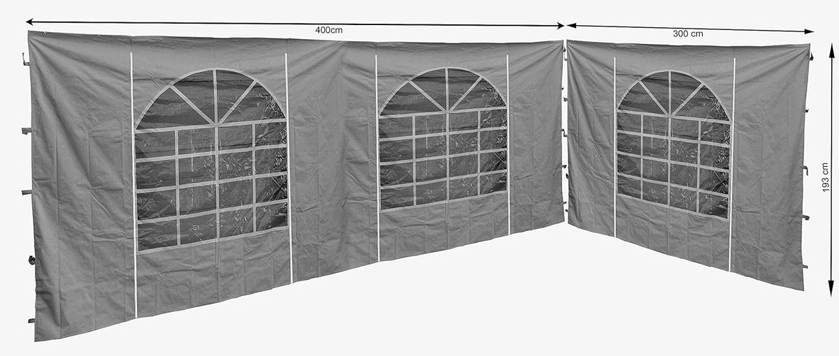 SnelShoppen - Sidepanelen voor Pavillon Sahara 3x4m met PVC Raam 300x193cm en 400x193cm - Grijs Polyester - Ideaal voor Feest, Camping en Tuin