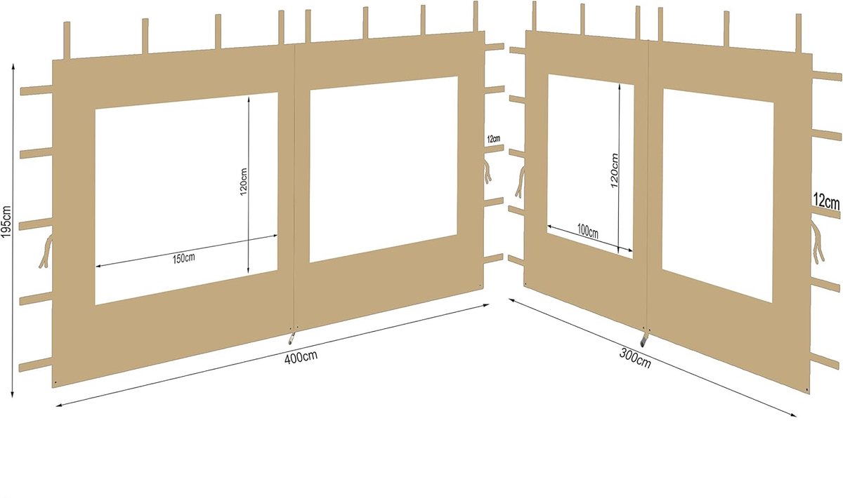 SnelShoppen - 2 Beige Polyester Zijwanden met Raam voor Paviljoen 3x4 m - Waterdicht, 300/400x195 cm, Perfect voor Tuin, Feest, Camping