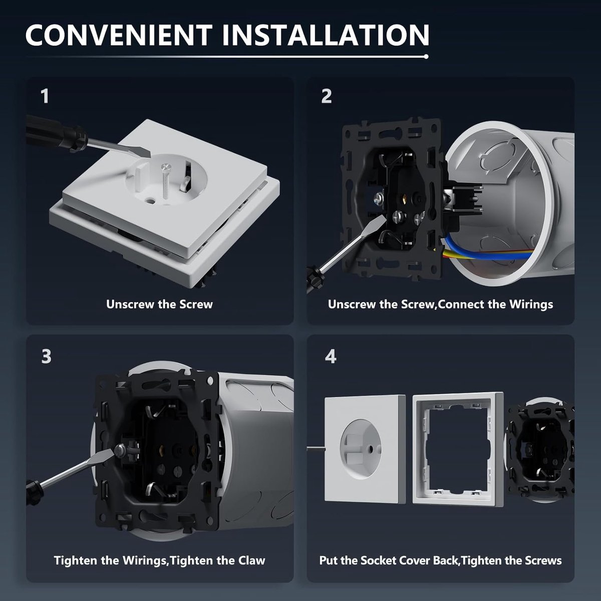 Thijox - Wandcontactdoos Inbouw 16A, 4 Voudig Stopcontact Zwart met PC Frame, Ideaal voor Thuisgebruik, Keuken, Kantoor, Tuin, Feest, Hoogwaardige Kwa