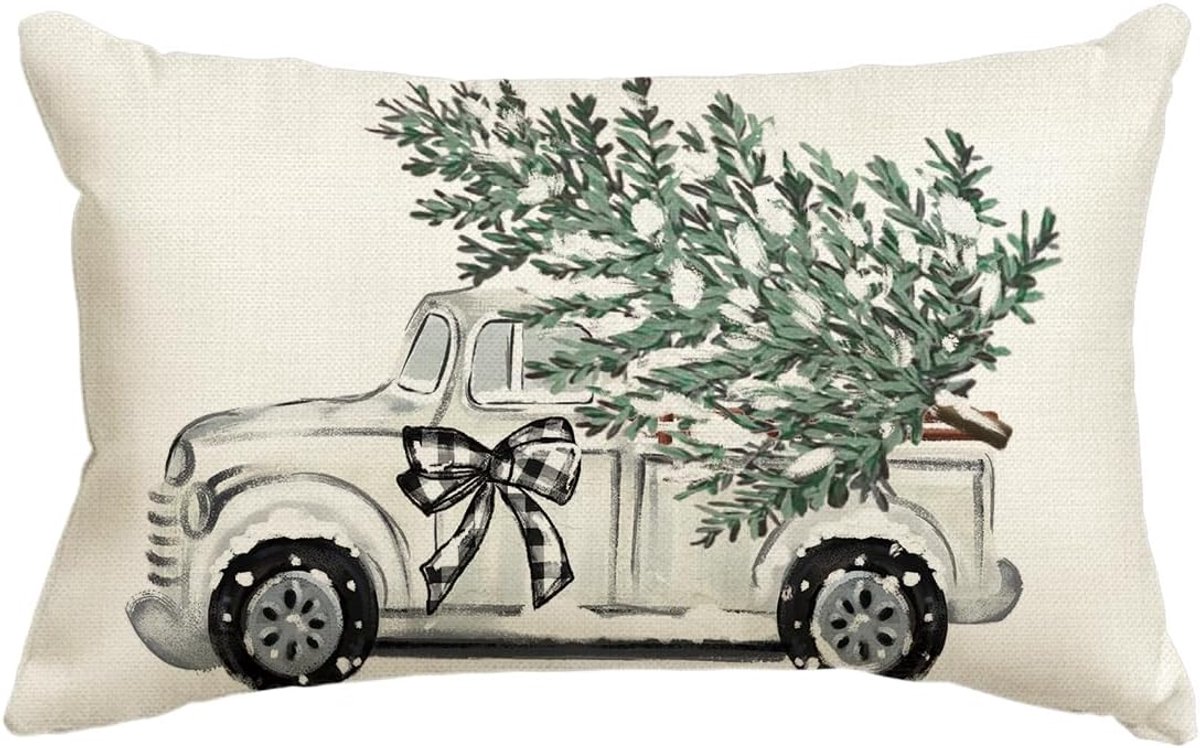 SnelShoppen - Truck Tree Buffalo Plaid Kussenhoes 30x50cm - Kerstdecoratie, Winter Throw Pillow Cover voor Sofa en Woonkamer