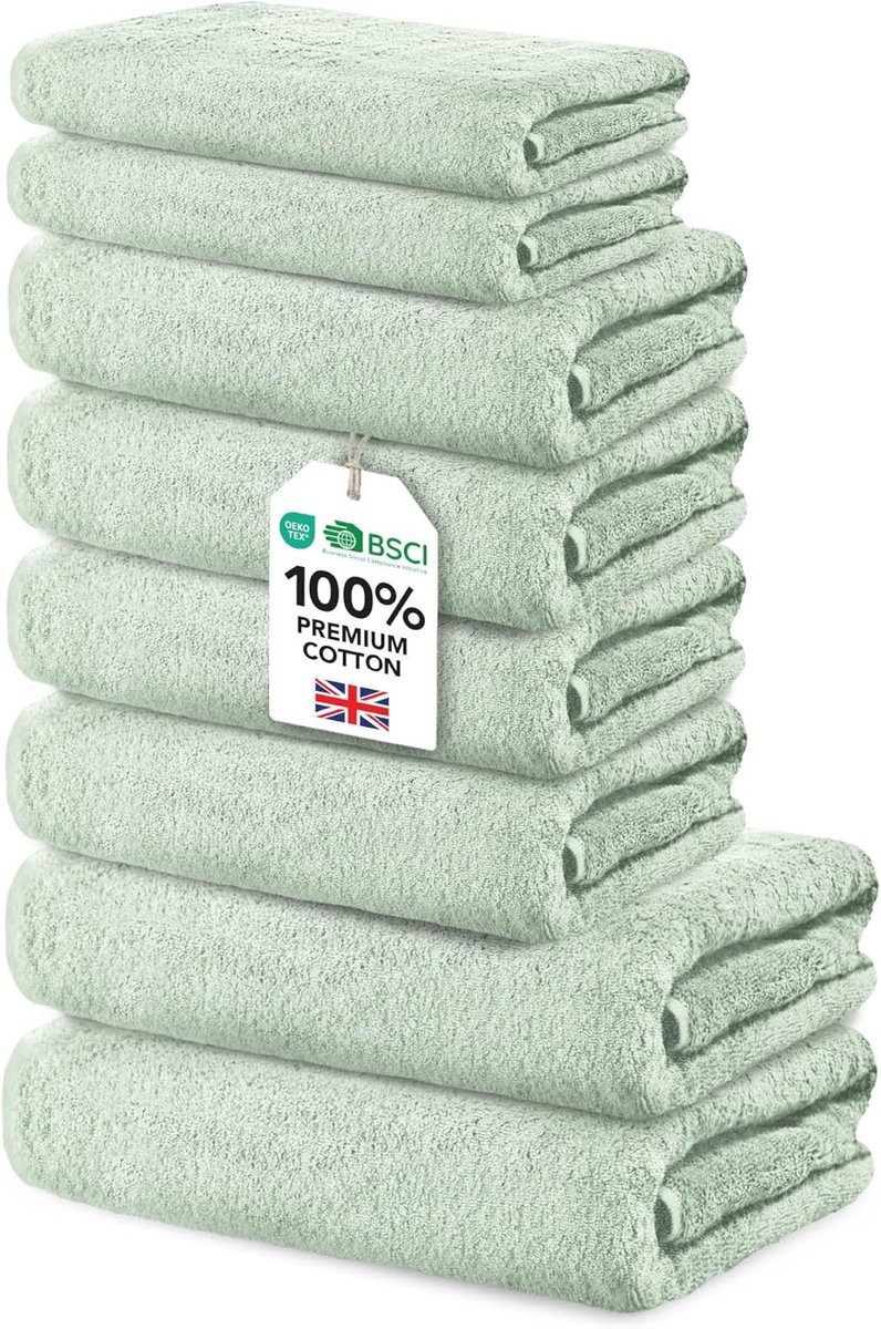 SnelShoppen - Badkamer Set 8 Stuks Sage 100% Katoen 500g/m² - 2 Badhanddoeken 70x140cm + 4 Handdoeken 50x100cm + 2 Gezichtshanddoeken 30x50cm - Perfec