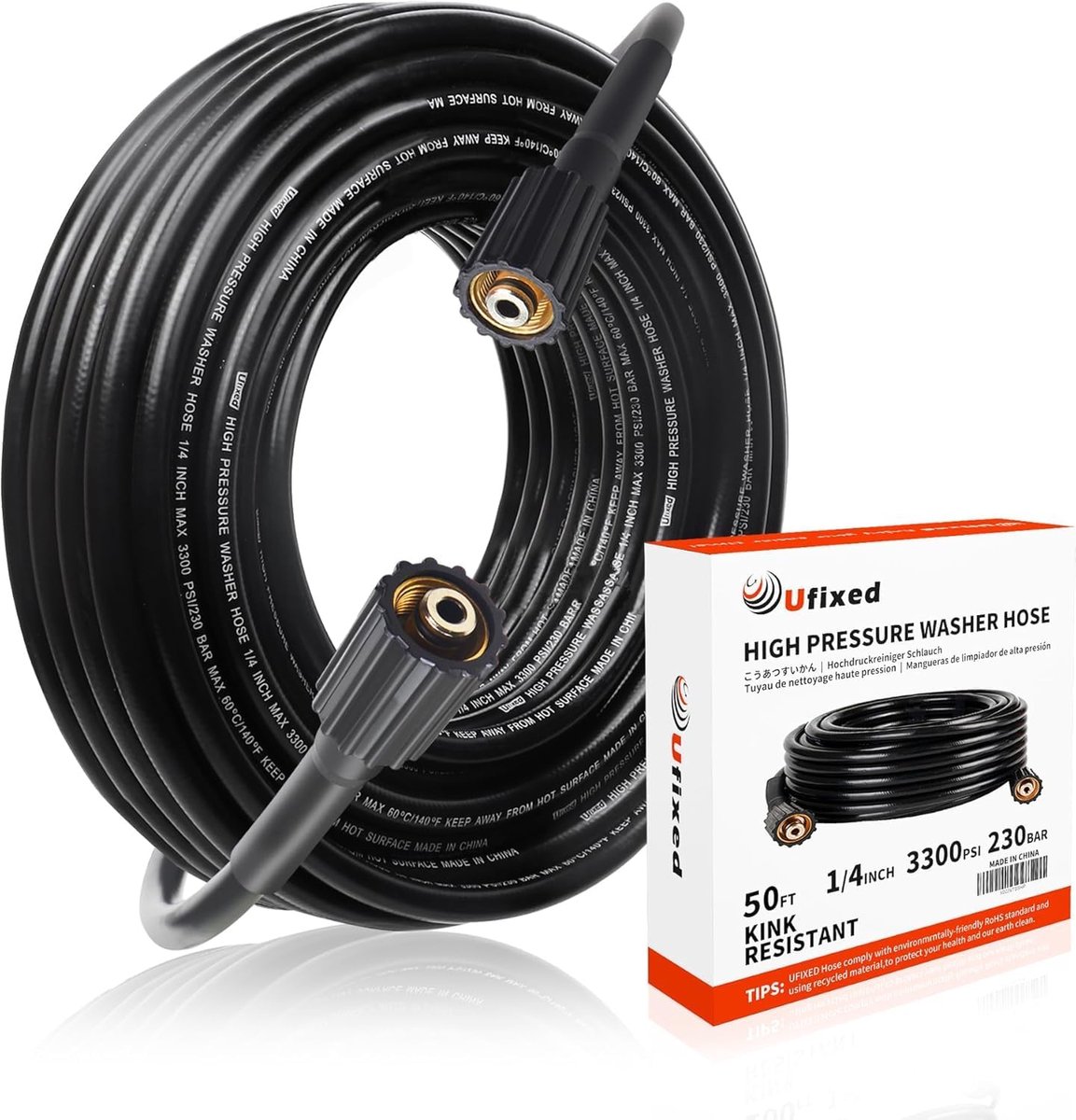 SnelShoppen - 1/4" Hoge Druk Waterpijp 15.2 m, 3300 PSI, Zwart voor Hogedrukreiniger, Tuin, Auto, Huis en Schoonmaak