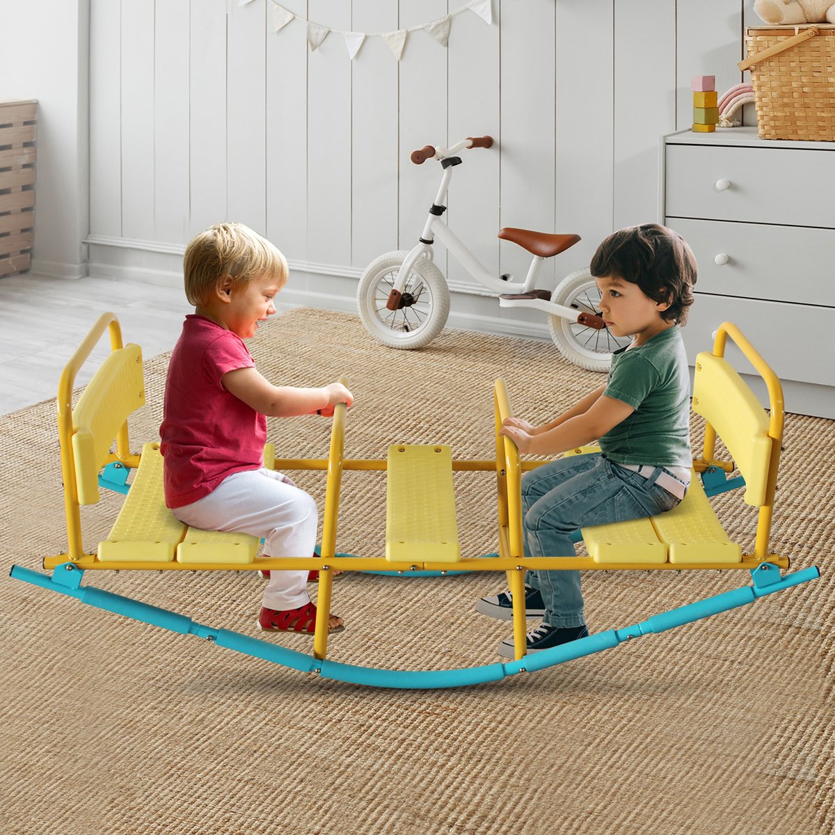 Schommelbank 3-Zits – 132,99 Cm – Metaal En Kunststof – Geel En Blauw – Met Rugleuningen Voor Drie Kinderen Binnen En Buiten