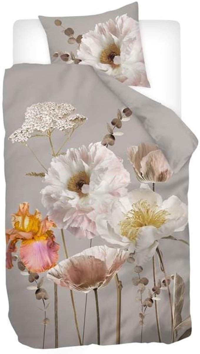 SnelShoppen - Flanellen Dekbedovertrek - Snoozing Rosanne - Bloemenprint - Eenpersoons 140x200/220 cm - Grijs Multi Color - Voor Slaapkamer en Landeli