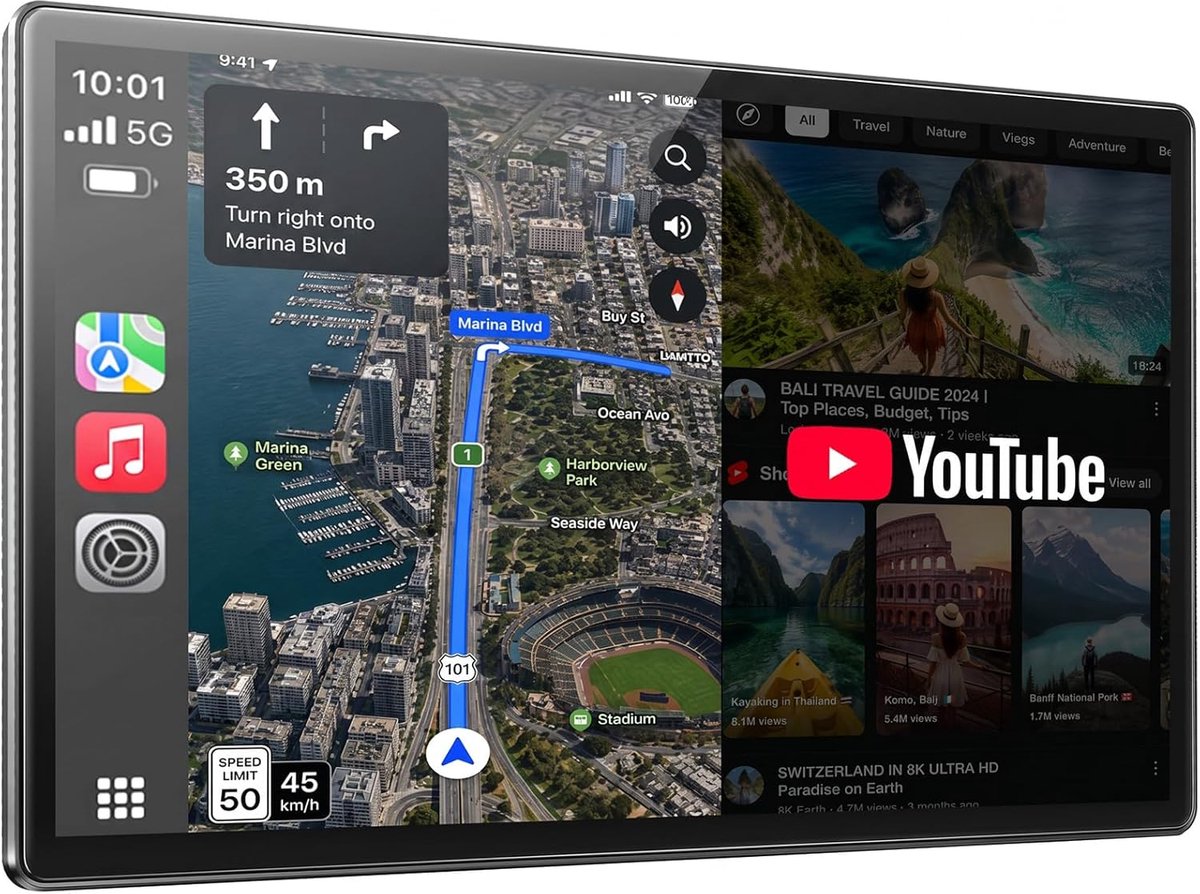 SnelShoppen - 11 Inch Draadloos CarPlay Display met YouTube & TikTok Apps, Portable Navigatie Voor Auto's met Achteruitrijcamera, In-Cell Touch Screen