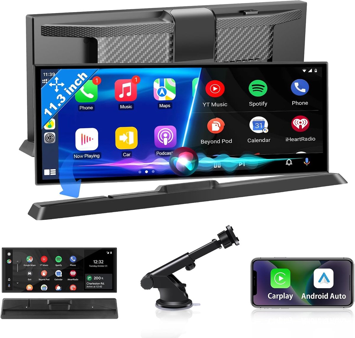 SnelShoppen - 11.3 Inch Carplay Android Auto Display met Draadloze Verbinding, Dual-Bluetooth, GPS Navigatie voor Auto en Motorhomes