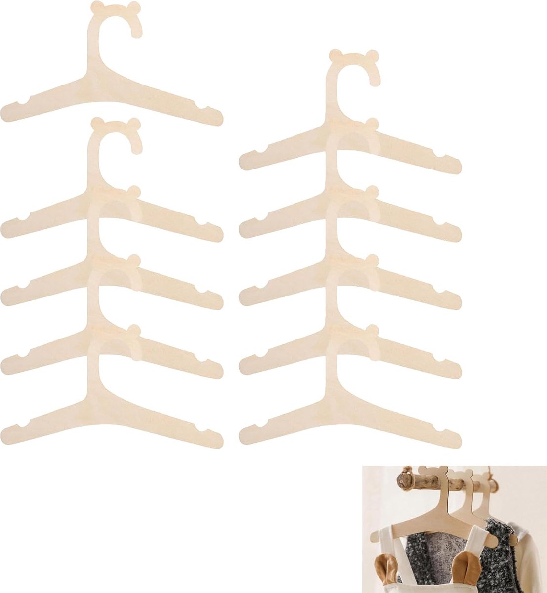 SnelShoppen - 10 Stuks Houten Baby Kleding Hangers - Schattige Beren Vorm - Antislip Baby Hangers voor Kleding, Jurken en Blouses - Ruimtebesparende H