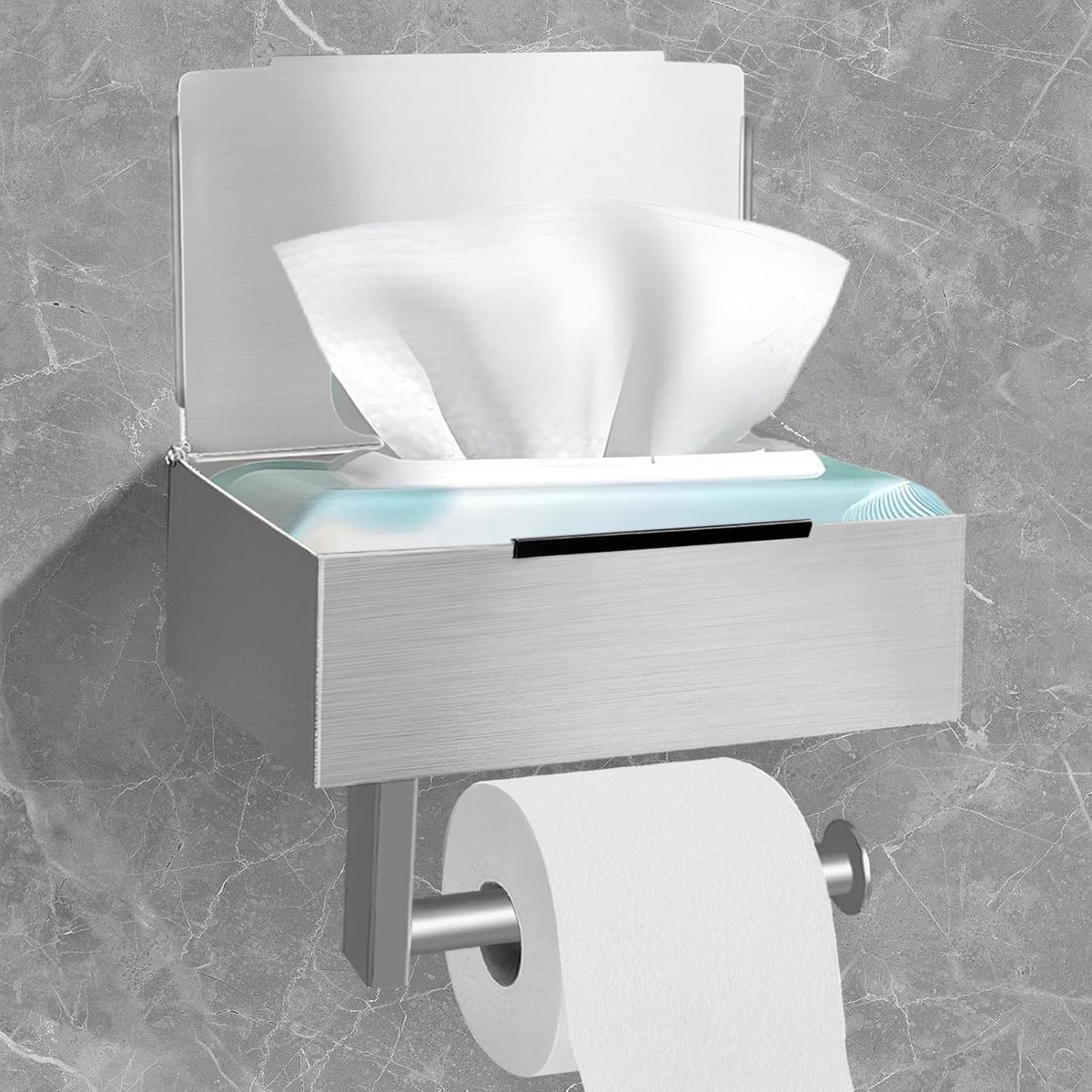 SnelShoppen - Toiletpapierhouder, Geen Boren, RVS, Met Vochtige Doekjes Box, Badkamer Plank, Zelfklevend of Met Schroeven, Zilver, Duurzaam, Waterdich