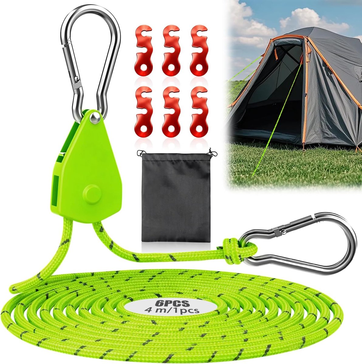 SnelShoppen - Reflecterende Tenttouwen 4 m - 4 mm Camping Guy Ropes met Kabelspanner voor Zonnescherm en Tent - 6 Stuks Groene Nylon Touwen voor Tuin,