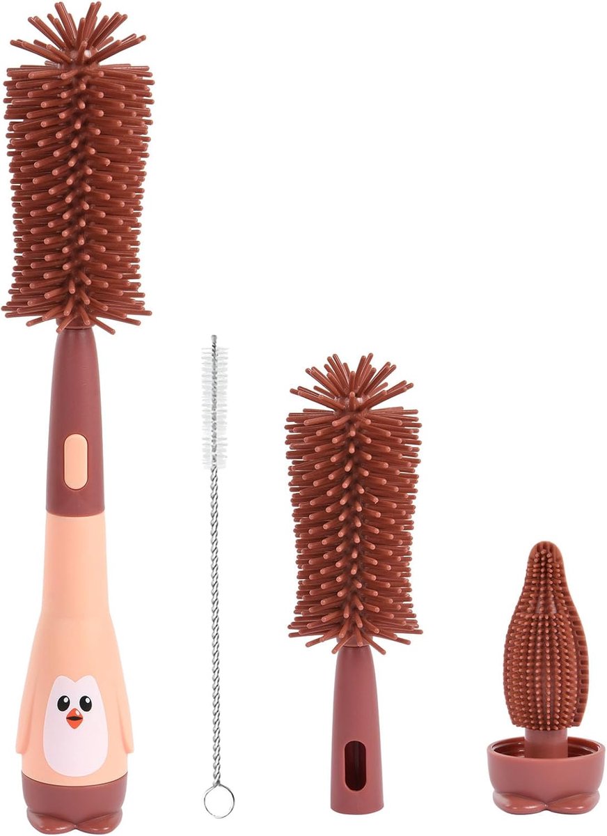 SnelShoppen - 3-in-1 Silicone Flessenborstel Set voor Babyflessen, BPA Vrij, Zachte Anti-Scratch Borstel met Suction Brush en Rietjes Cleaner (Rode Pi