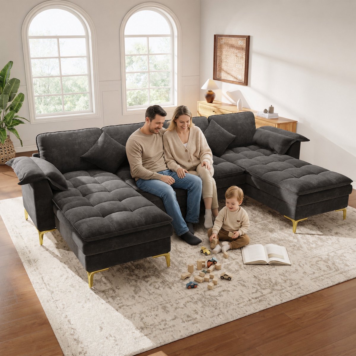STILVORA U-Bank 262 Cm - 4-Zits Modulaire Hoekbank Met Twee Chaise Longues En 2 Kussens -