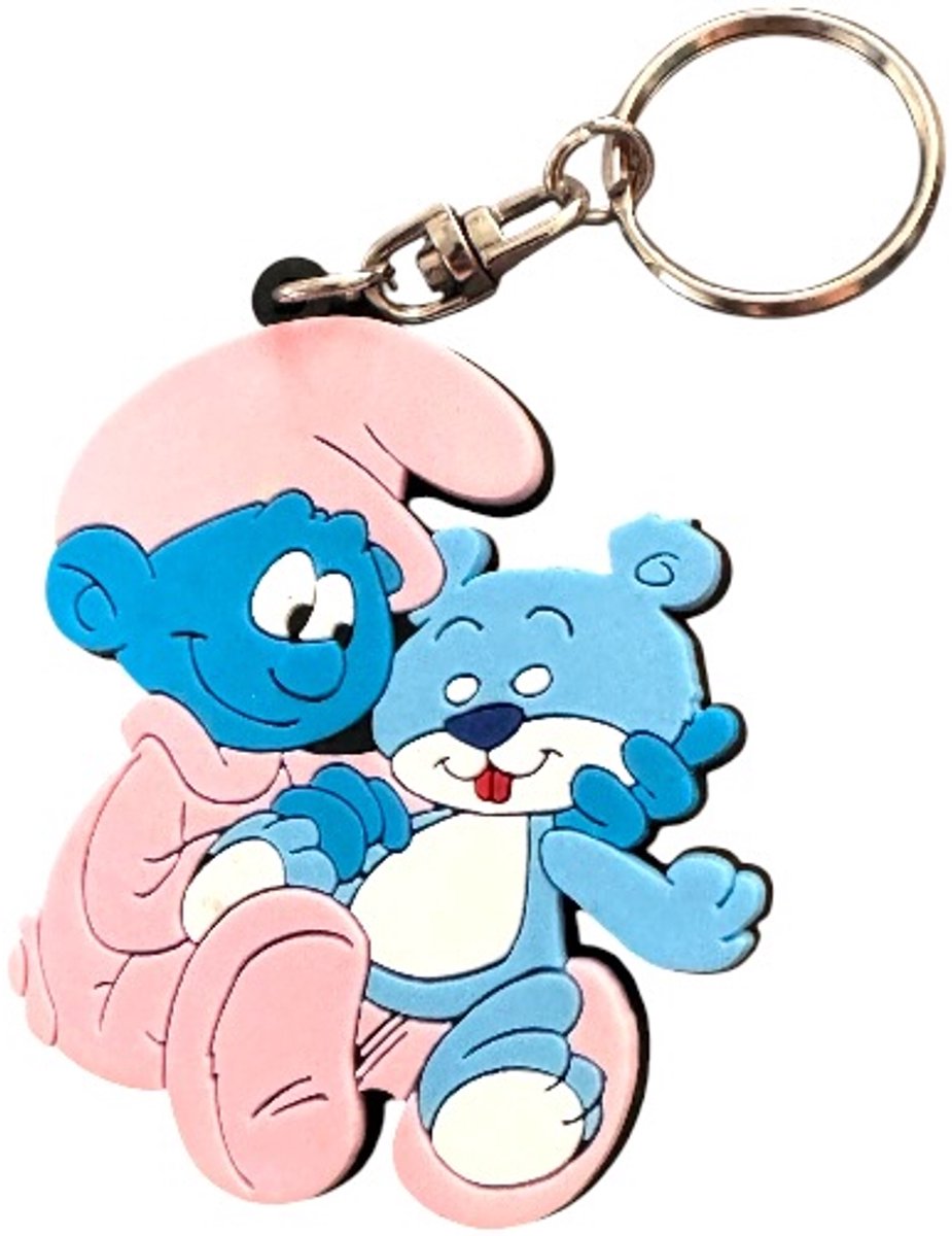 Baby smurf met teddybear - Flexibel rubberen sleutelhanger - 8 cm Schleich