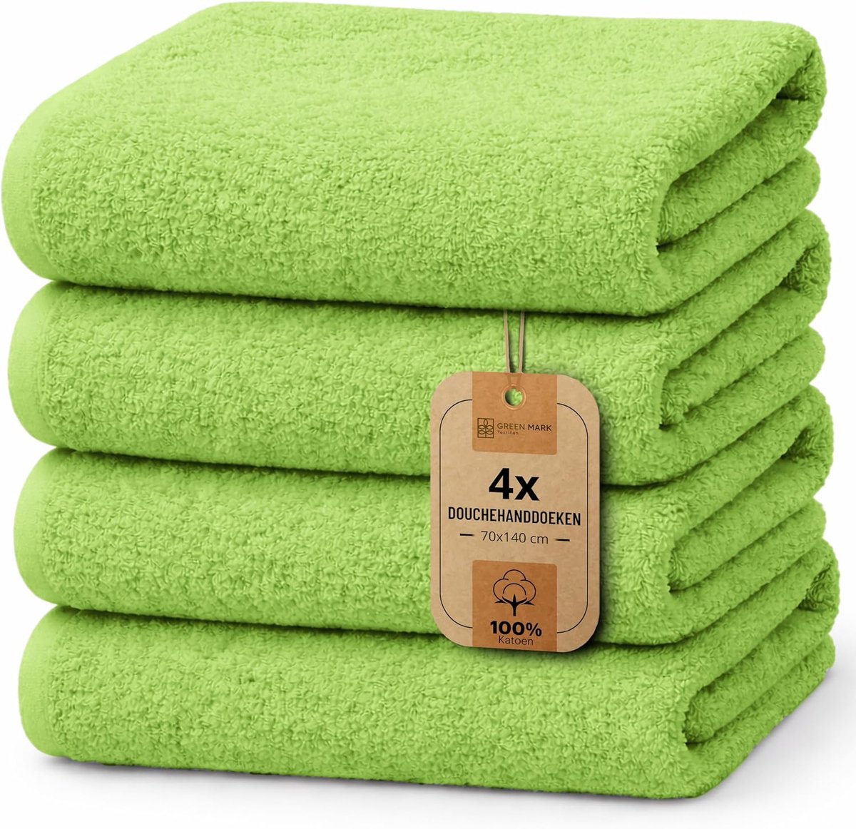 SnelShoppen - Set van 4 Doucherdoeken 70x140 cm - 100% Katoen, Zacht en Absorberend, Appelgroen, Ideaal voor Badkamer, Dagelijks Gebruik