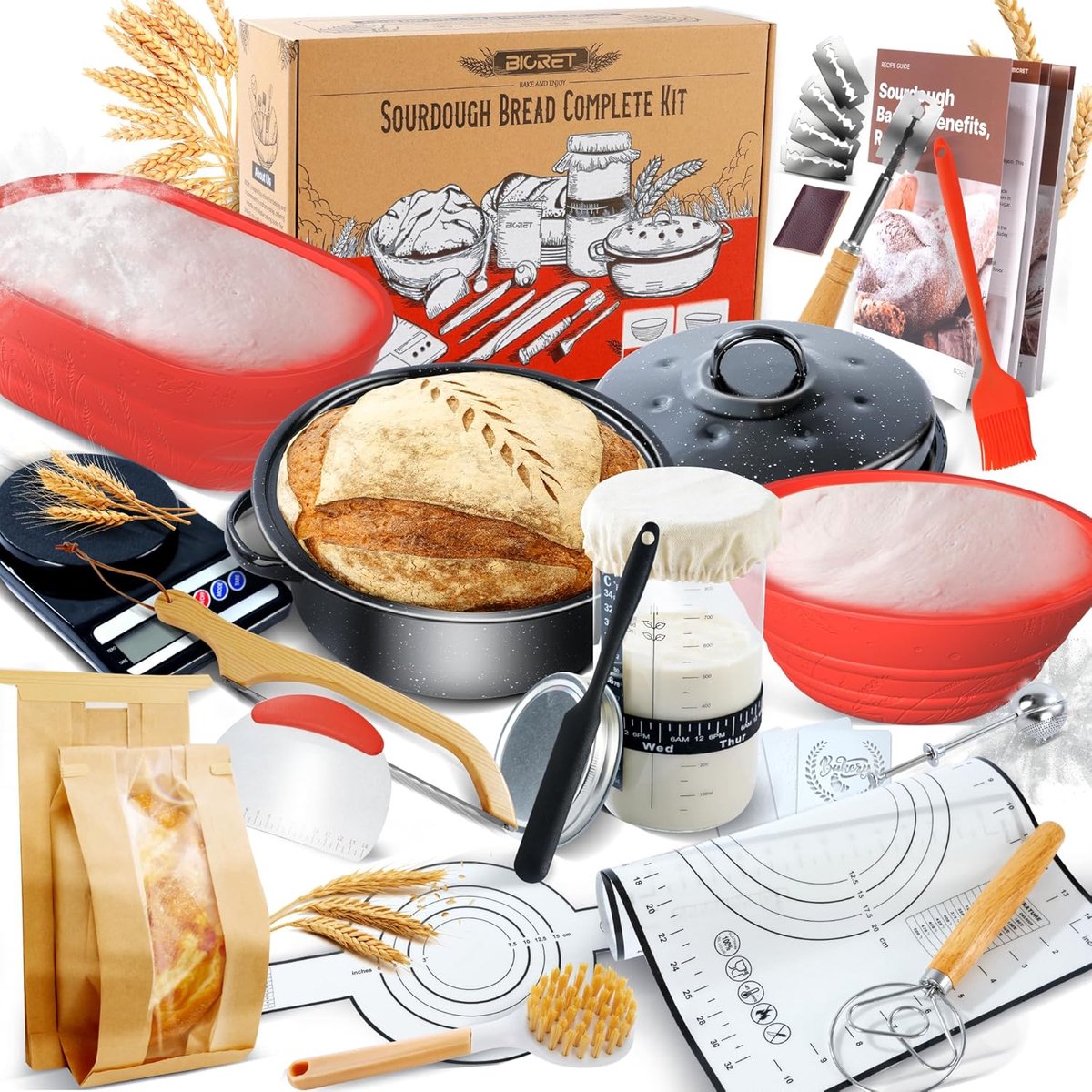SnelShoppen - Compleet Sourdough Brood Bakset met Hoge Kwaliteit Emaille Pot en Rijstmand, Voor Natuur, Roggebrood, Handmatig Bakken, Geschikt voor Am