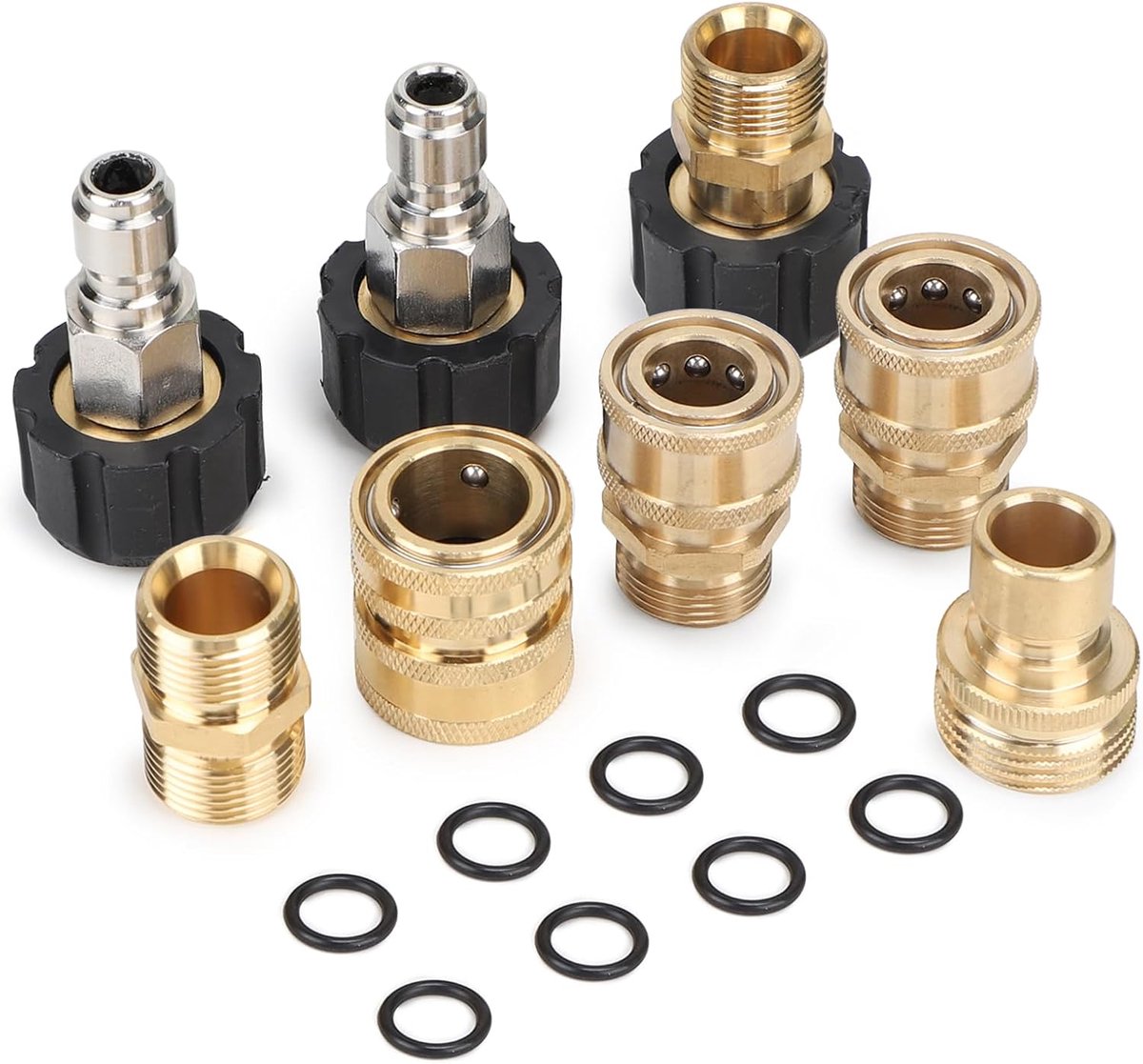 SnelShoppen - 8-delige Drukreiniger Adapter Set, M22-14mm Draad, 3/4 Inch Messing Snelsluiting, Geschikt voor Slang en Pistool, Duurzaam en Corrosiebe