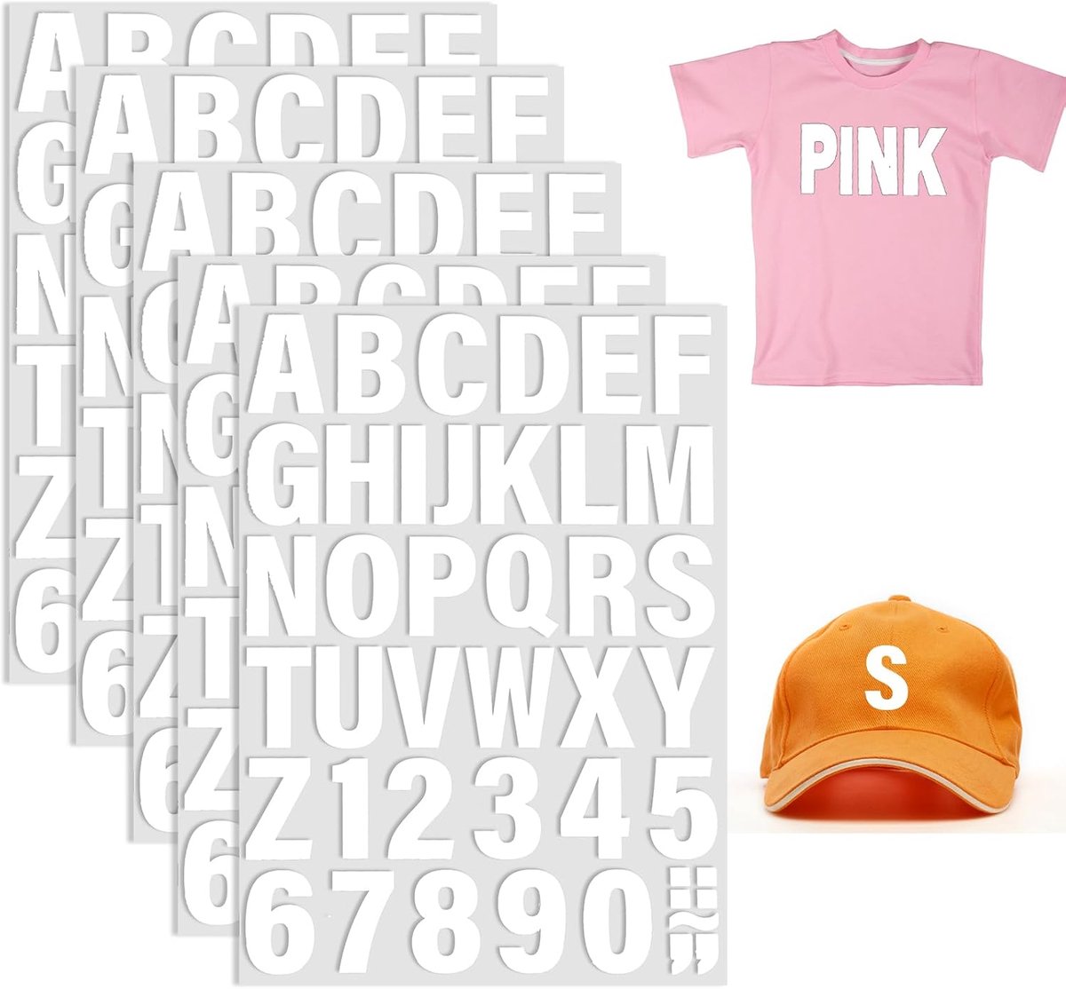 SnelShoppen - 5 Vel 215 Stuks Strijkletters en Cijfers voor Kleding, 5 Inch Strijkvinyl Letters, A-Z PU Alfabetstickers en 0-9 Numbers voor T-shirts,