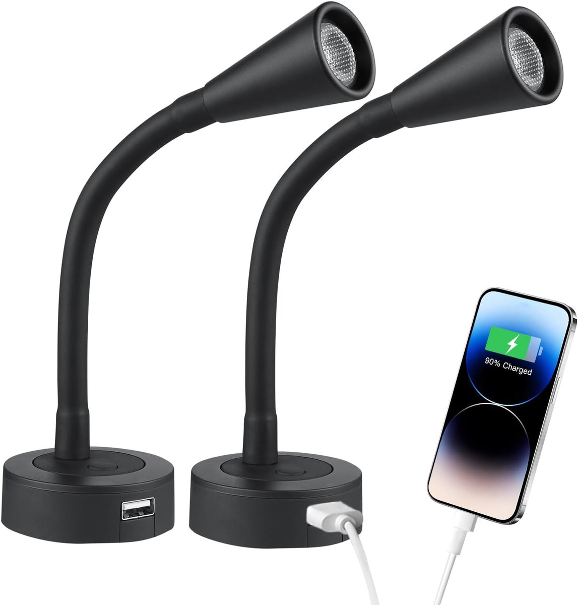 SnelShoppen - 2 x 12V LED Leeslamp Dimbaar met USB Oplader - Flexibele Gooseneck Verlichting voor Camper, Boot, Trailer, Truck - Hard Wired en Ruimteb