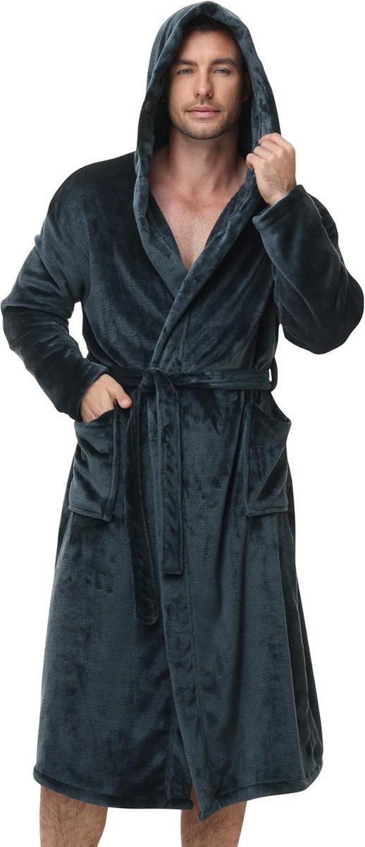 SnelShoppen - Luxe Heren Badjas met Kap, Zachte Flanel Fleece, Extra Warm en Gezellig, Premium Microvezel Kwaliteit, Sauna Jacket Maat S-3XL