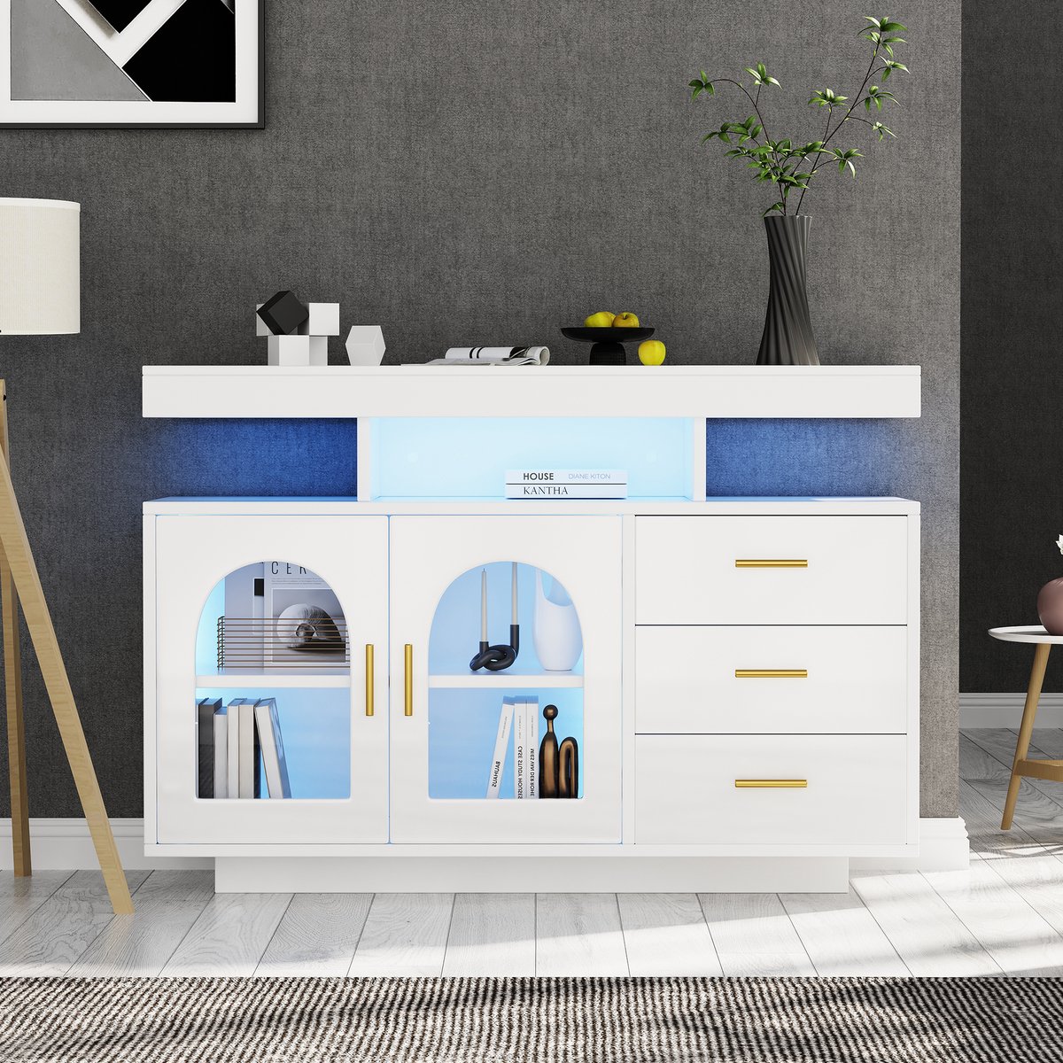 Wishdor - Buffetkast - LED-verlichting - 3 lades en 2 deuren - modern design - keuken en woonkamer - bewerkt hout en acryl - wit - 120 x 40 x 80 cm