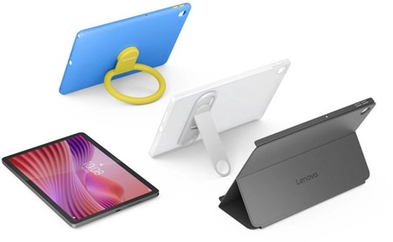 Drie Lenovo tablets: één met blauwe hoes en gele ring, één witte met standaard, één grijze in keyboard case.