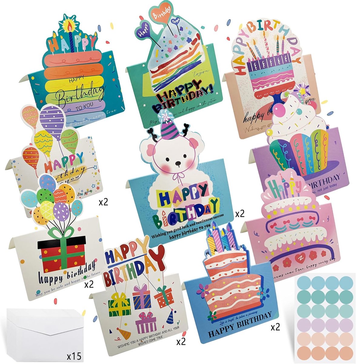SnelShoppen - 15 Pcs Verjaardagskaarten Set - Vouwkaarten met 10 Verschillende Ontwerpen - Hoogwaardige Cardboard - Inclusief 15 Enveloppen - Voor All