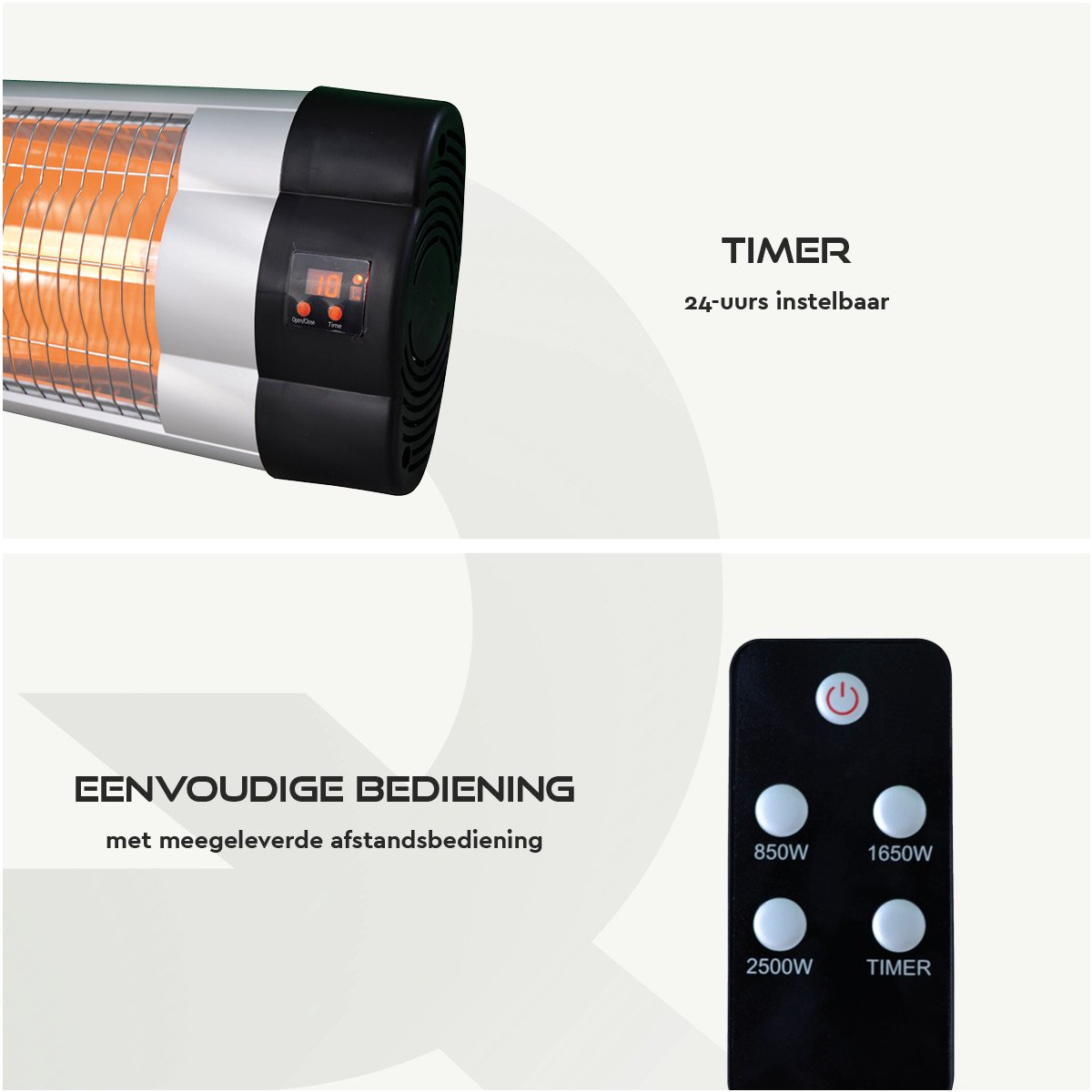 BRASQ Elektrische Terrasverwarmer Hangend PHW200 - Infrarood Heater 2500W - met Afstandsbediening en timer - 3 warmtestanden - Voor binnen en buiten - Spatwaterdicht - Zwart – foto 3