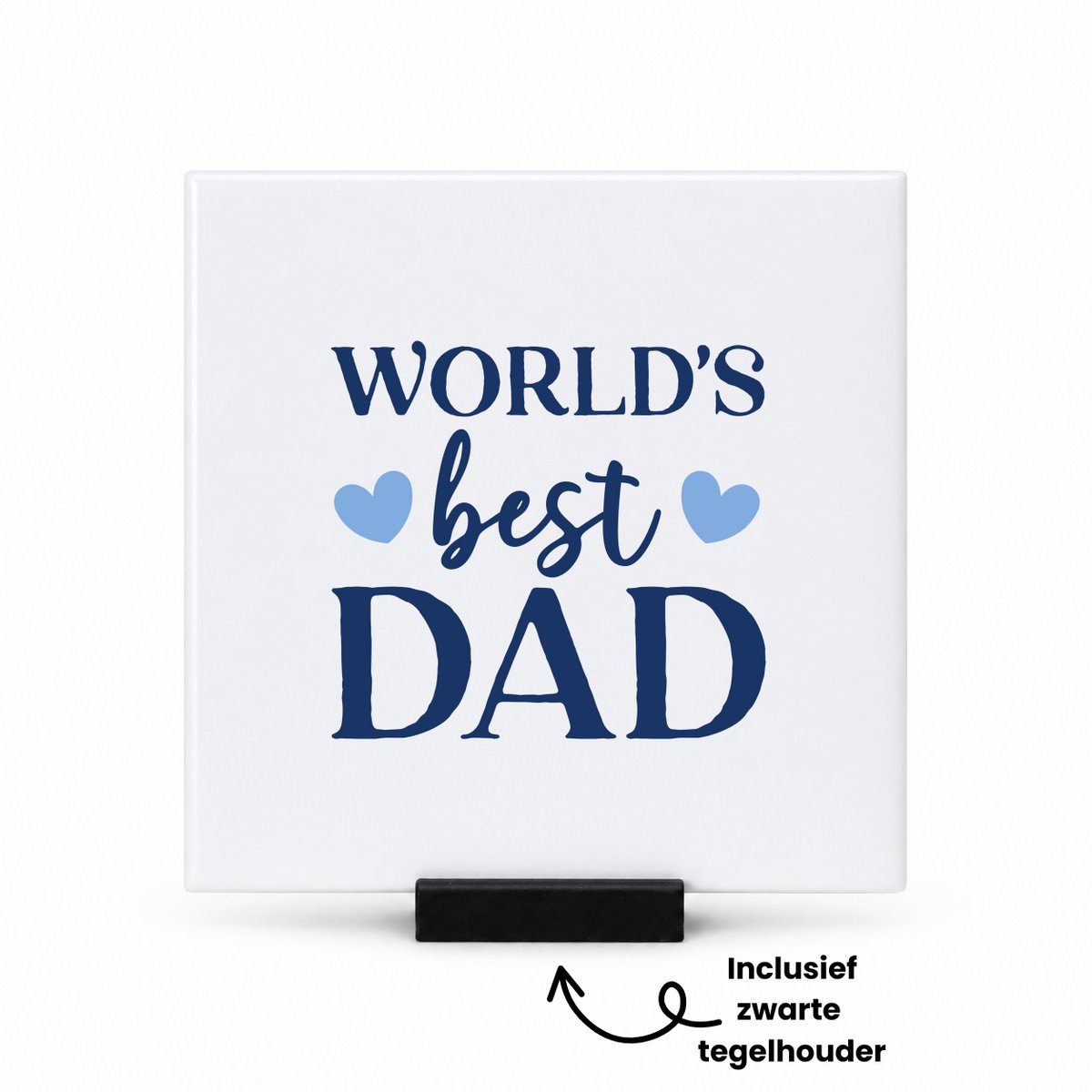 Hacebo World's best dad met 2 hartjes tegeltje met tegelhouder - Papa - Beste papa - tegeltjes met tekst - Vaderdag cadeautje - Cadeau voor papa - Verjaardag - Geschenk - Cadeau - Gift - spreuktegels - 10.8x10.8 CM Wit