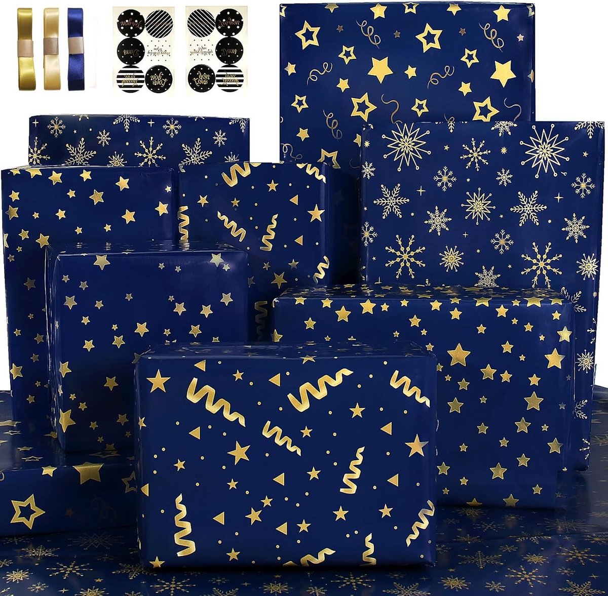 Cadeaupapier Set - Inpakpapier Blauw - Feestelijke Geschenkverpakking - Met Lint Stickers - 5 Vellen - Donkerblauw Goud