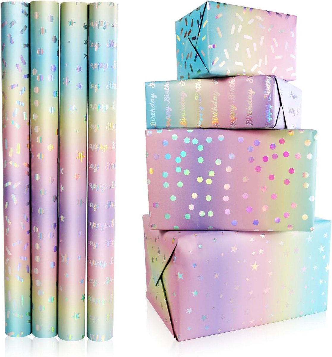 SnelShoppen - Feestelijke Cadeauverpakking - 4 Rollen Holografisch Cadeaupapier - 43 x 300 cm - Vrolijke Regenboog Design voor Verjaardagen, Kerst, Br