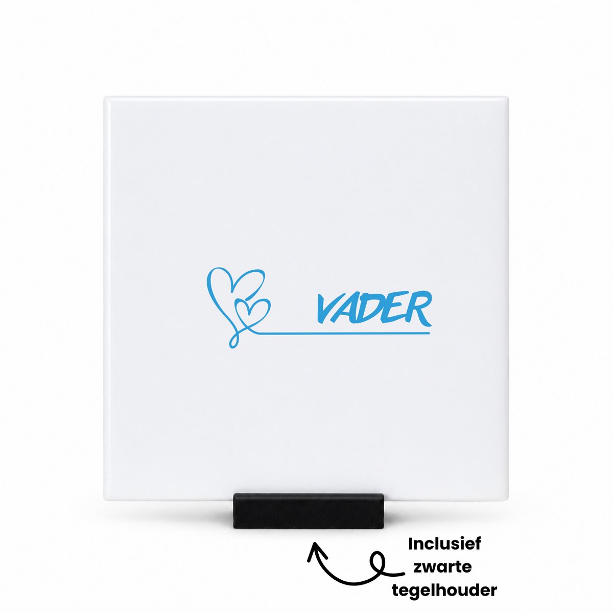 Hacebo Vader met 2 blauwe harten en lijn tegeltje met tegelhouder - Vader - liefste vader - tegeltjes met tekst - Vaderdag cadeautje - Cadeau voor papa - Verjaardag - Geschenk - Cadeau - Gift - spreuktegels - 10.8x10.8 CM Wit