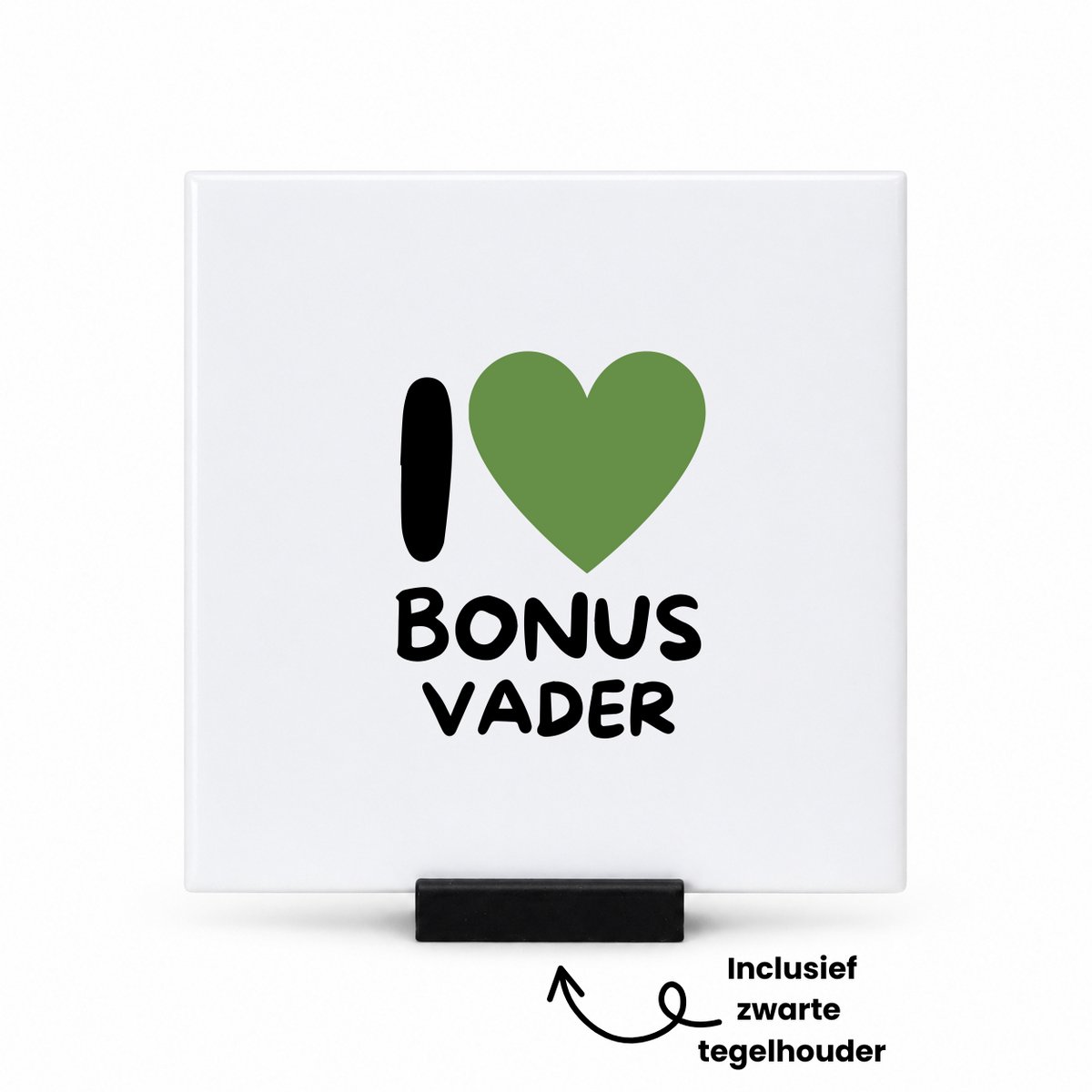 Hacebo I love bonus vader met groen hart tegeltje met tegelhouder - Vader - Liefste bonusvader - tegeltjes met tekst - Vaderdag cadeautje - Cadeau voor papa - Verjaardag - Geschenk - Cadeau - Gift - spreuktegels - 10.8x10.8 CM Wit