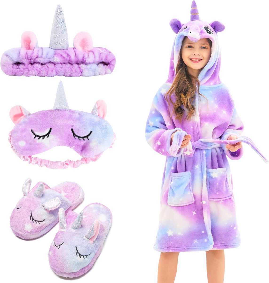 SnelShoppen - Unicorn Badjas voor Meisjes met Slippers, Oogmasker en Haarband - Zachte Flanel, 100% Polyester, Perfecte Cadeaus voor Verjaardag, Thuis