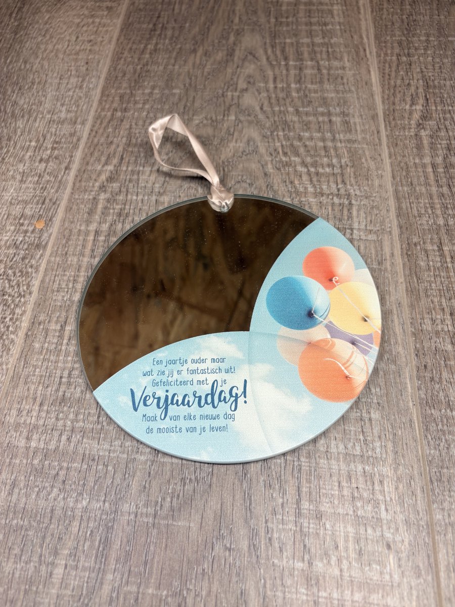 Spiegelhanger Verjaardag Rond – Decoratieve Spiegel met Felicitatietekst – Cadeau met Ophanglint Ø12 cm