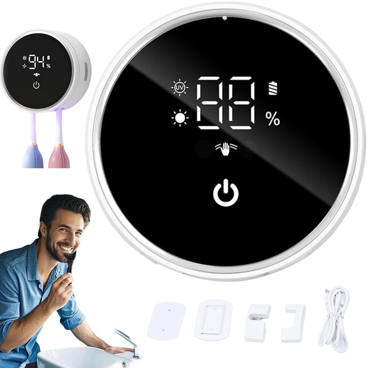 UVC+UVA Tandenborstelsterilisator - Tandenborstelhouder met sterilisatie - slimme sensor - LED-display - wandmontage - Met 3 sleuven - voor badkamer en gezin
