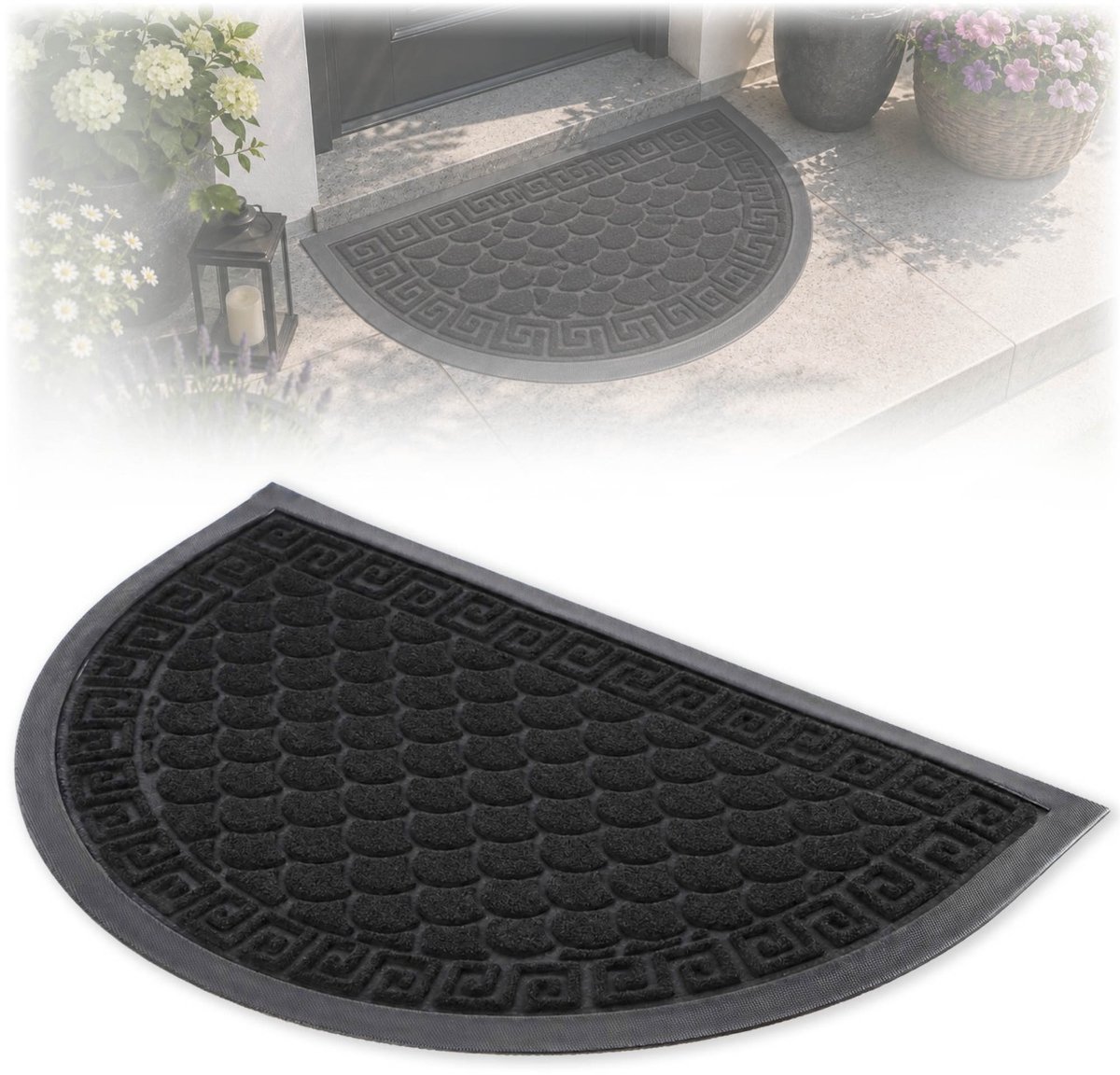KADAX Deurmat, entreemat van robuust polyester met rubberen zijde, duurzame vuilvangmat in 6 verschillende patronen naar keuze, deurmat, halve cirkel 60 x 40 cm, antraciet Grijs