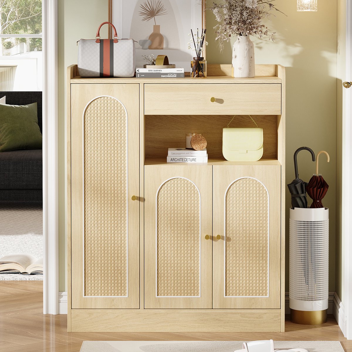 Wishdor - Schoenenkast - rattan deuren en 1 lade - 3 deuren met verstelbare planken - modern - voor hal en eetkamer - houtlook - naturel - 90 x 35 x 110 cm