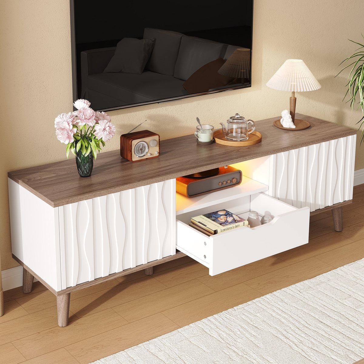 Wishdor - TV-meubel - LED verlichting - Schuifdeur en lade - Modern - Woonkamer en slaapkamer - Houtlook - Wit en donker walnoot - 160 cm